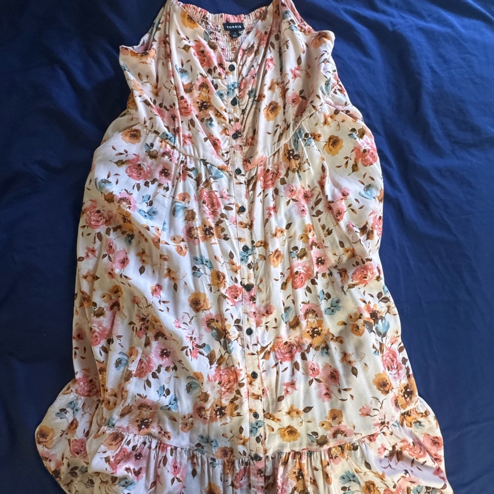 Floral Button-Front Sleeveless Midi Dress in Cream with Pink & Mustard Blooms 1x